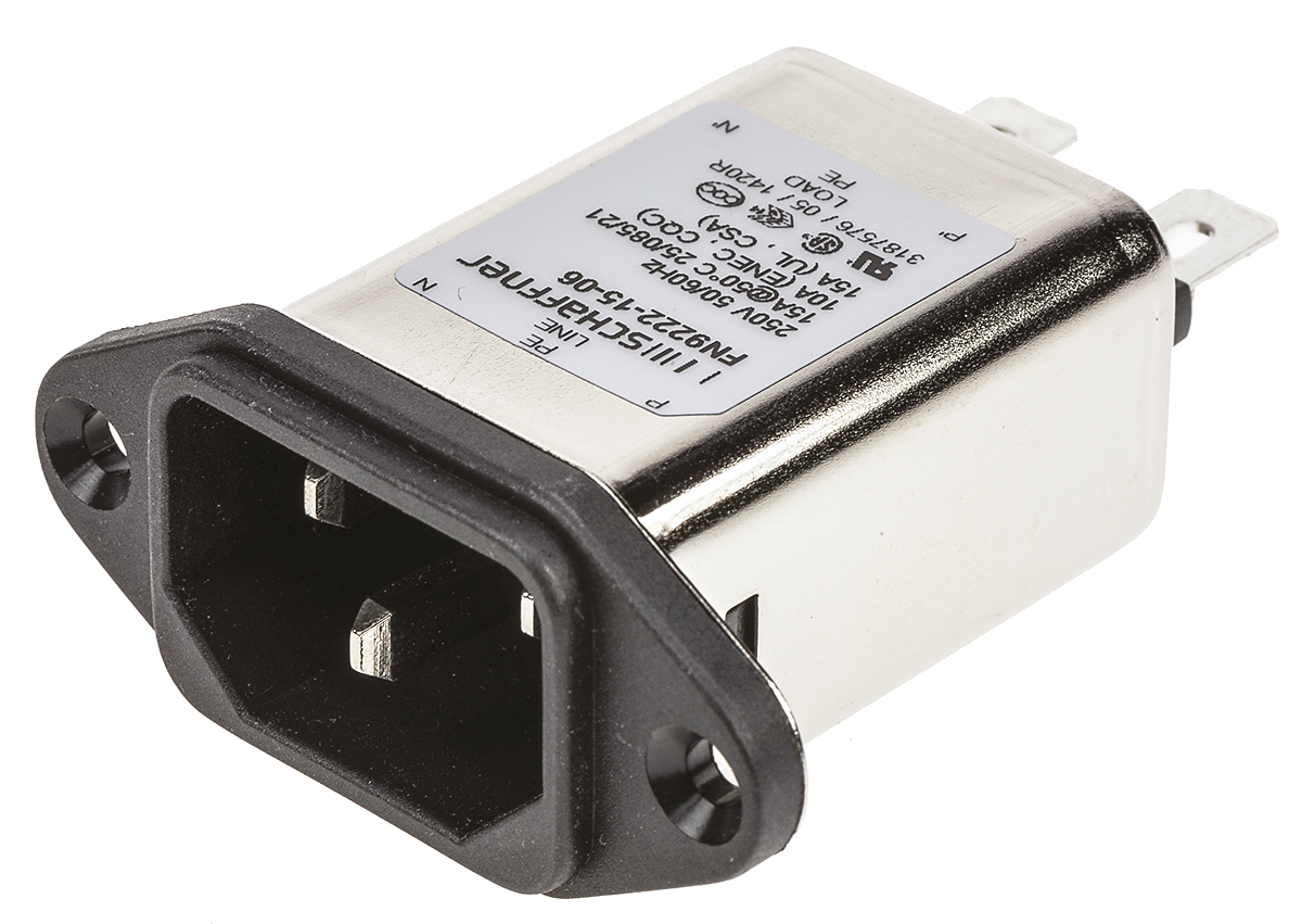 Schaffner 15A, 250 V ac Male Panel Mount IEC Filter FN9222-15-06, Faston None Fuse