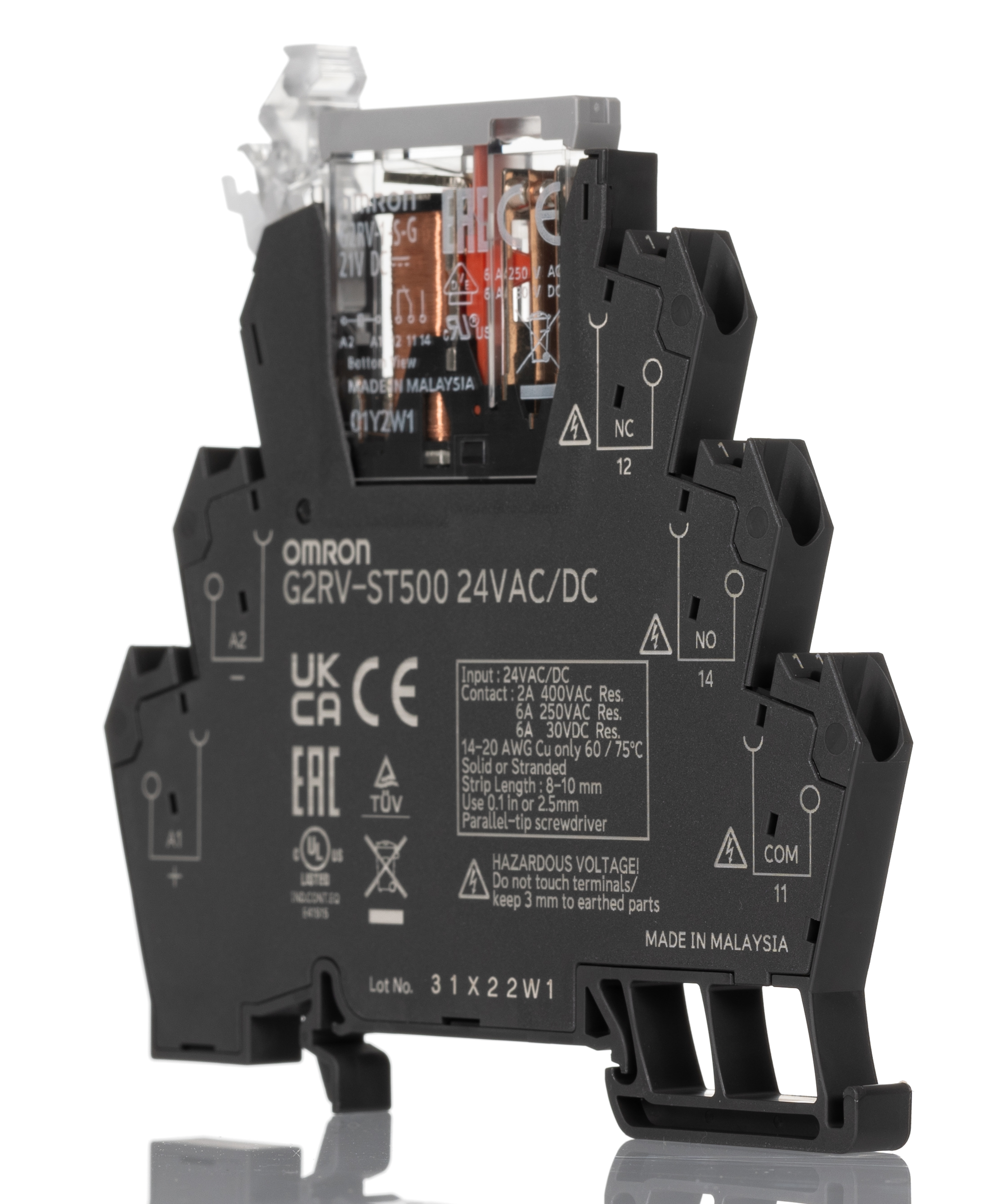 Omron G2RV-ST Series Electromechanical Interface Relay, DIN Rail Mount, 24V ac/dc Coil, SPDT, 1-Pole, 6A Load