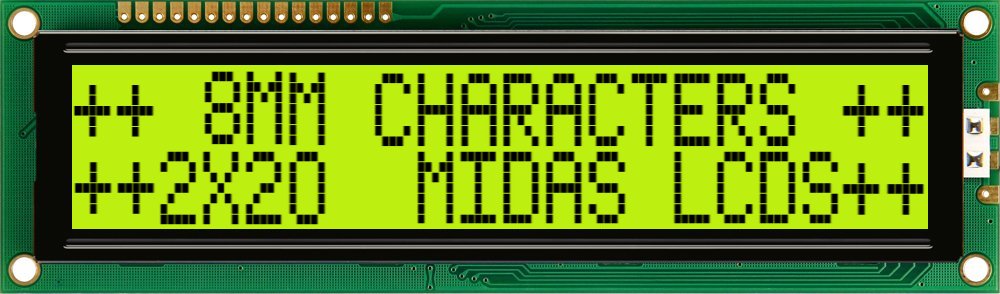 Midas MC22008B6W-SPTLY-V2 Alphanumeric LCD Alphanumeric Display, 2 Rows by 20 Characters
