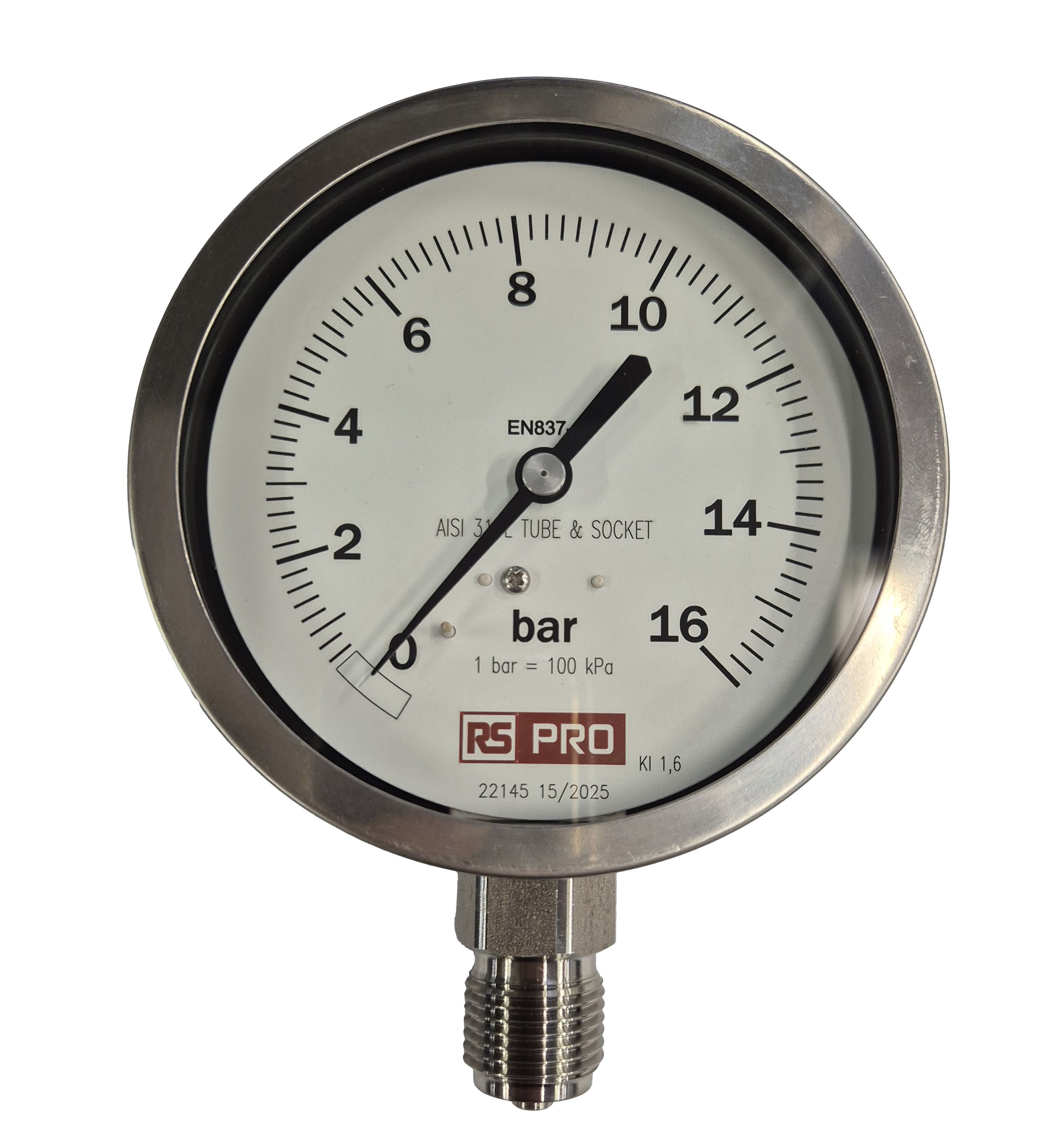 RS PRO BSP 1/2in Analogue Pressure Gauge 16bar Bottom Entry 100mm Outside Diameter