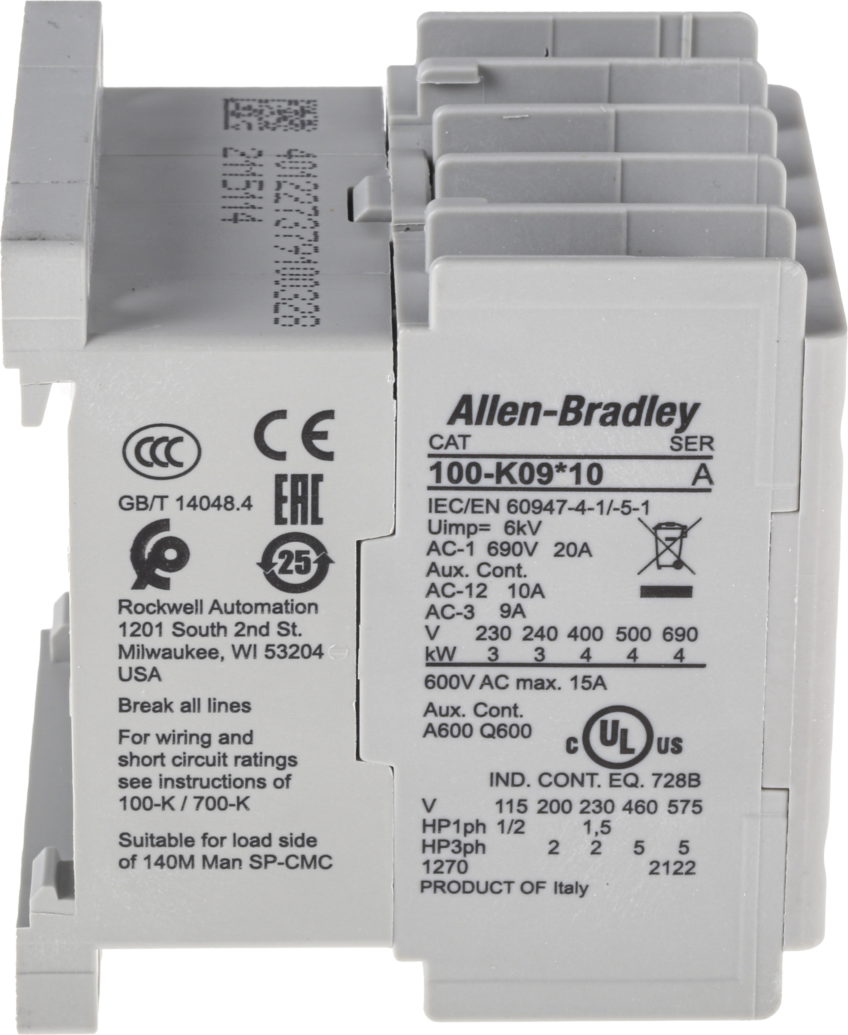 Allen Bradley 100 Series 100K Contactor, 24 V dc Coil, 3-Pole, 9 A, 4 kW, 3NO, 690 V ac