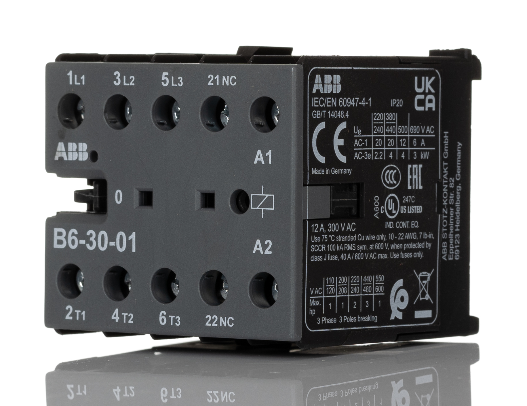ABB B6-30-01 Contactor, 24 V Coil, 3-Pole, 20 A, 4 kW, 3NO
