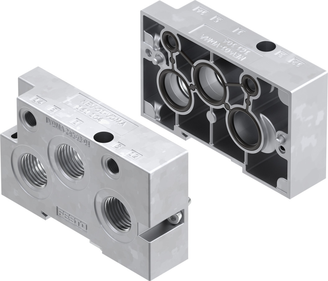Festo NEV series 3 station G 1/2, G 1/8 Manifold End Base for use with Solenoid/Pneumatic Valves, 161104