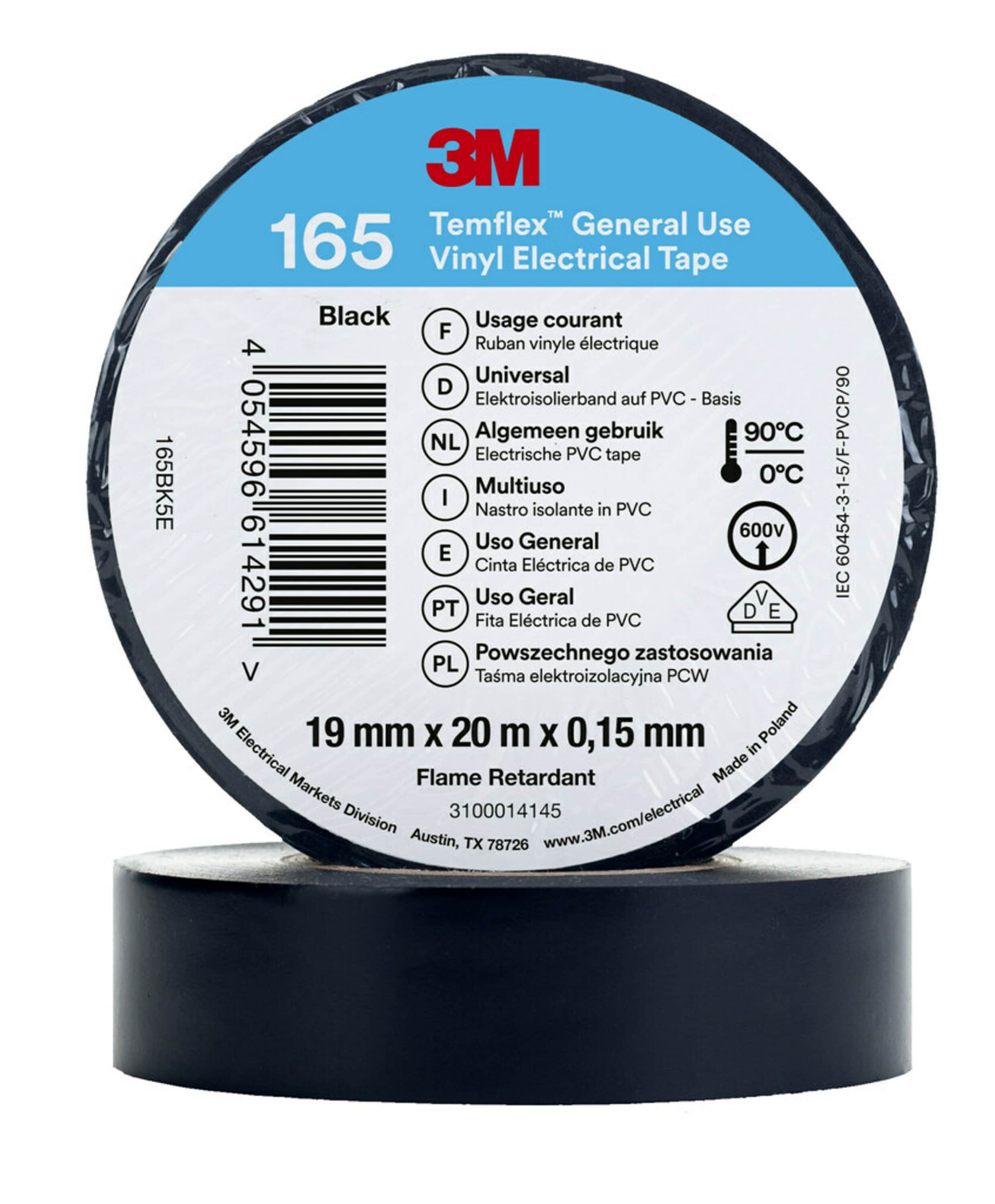 3M Temflex Black Vinyl Electrical Tape, 19mm x 20m