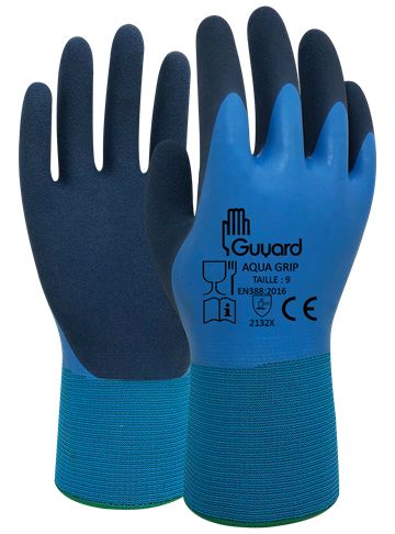 GUYARD AQUAGRIP Blue Nylon Work Gloves, Size 8, Latex Coating
