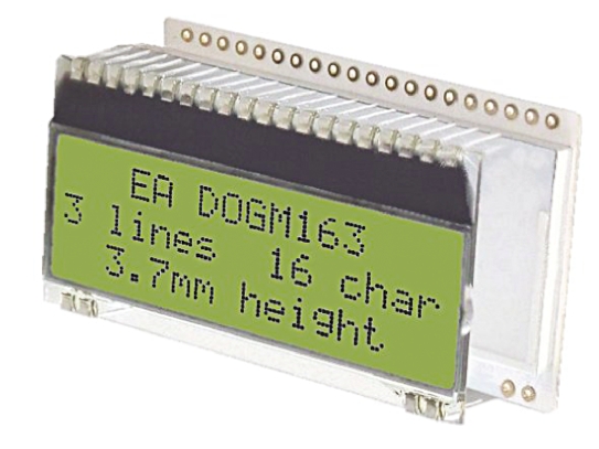 Display Visions EA DOGM163E-A Alphanumeric LCD Display, Yellow-Green on Black, 3 Rows by 16 Characters, Transmissive