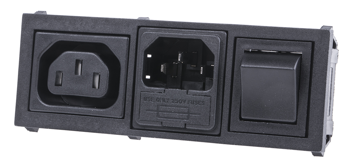 Bulgin C13, C14 Snap-In IEC Connector Socket, Plug, 10A, 250 V, Fuse Size 5 x 20mm
