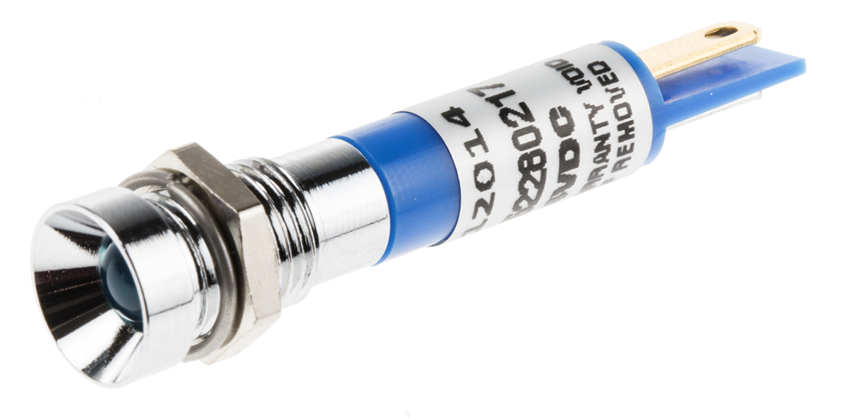 RS PRO Blue Panel Mount Indicator, 24V dc, 8mm Mounting Hole Size, Solder Tab Termination, IP67