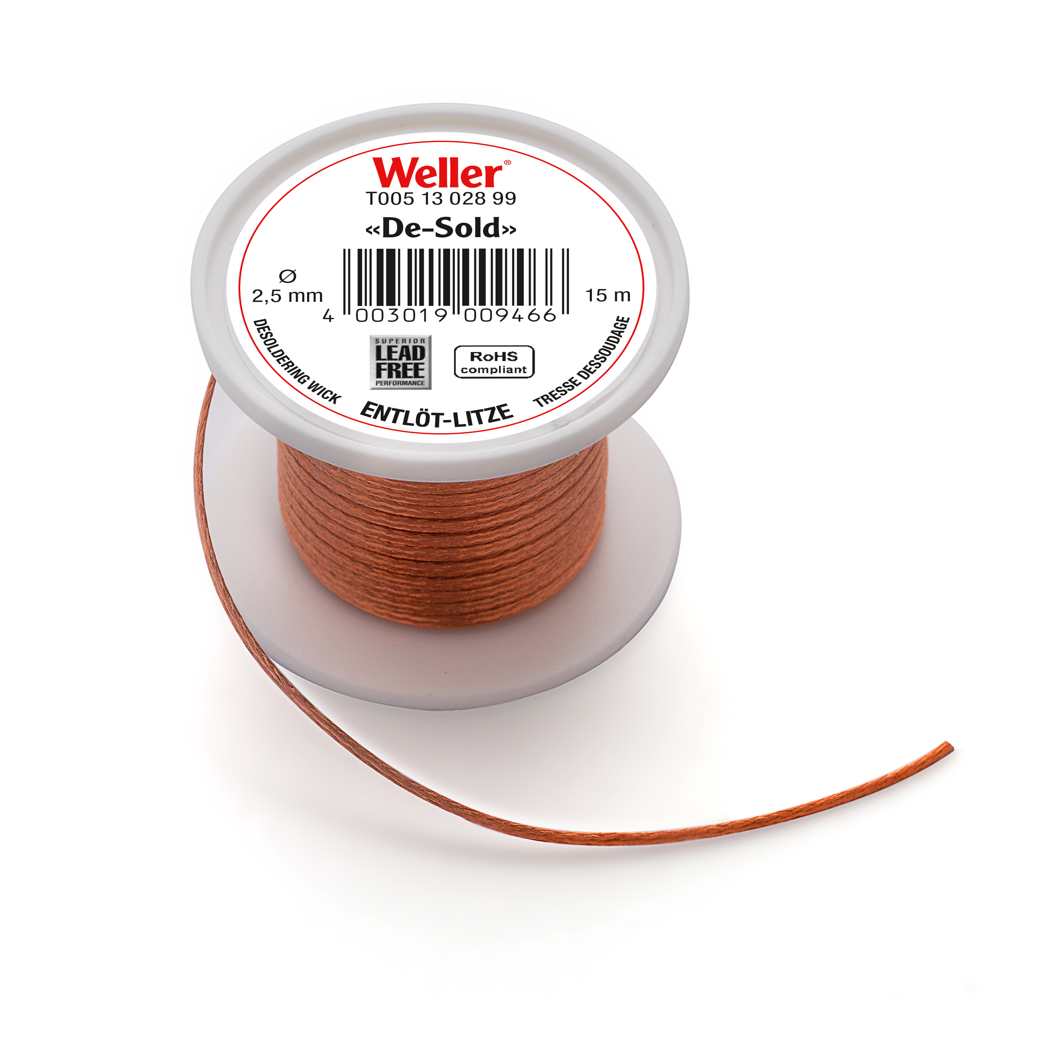 Weller T0051302899 15m Lead Free No Solder Wick, Width 2.5mm