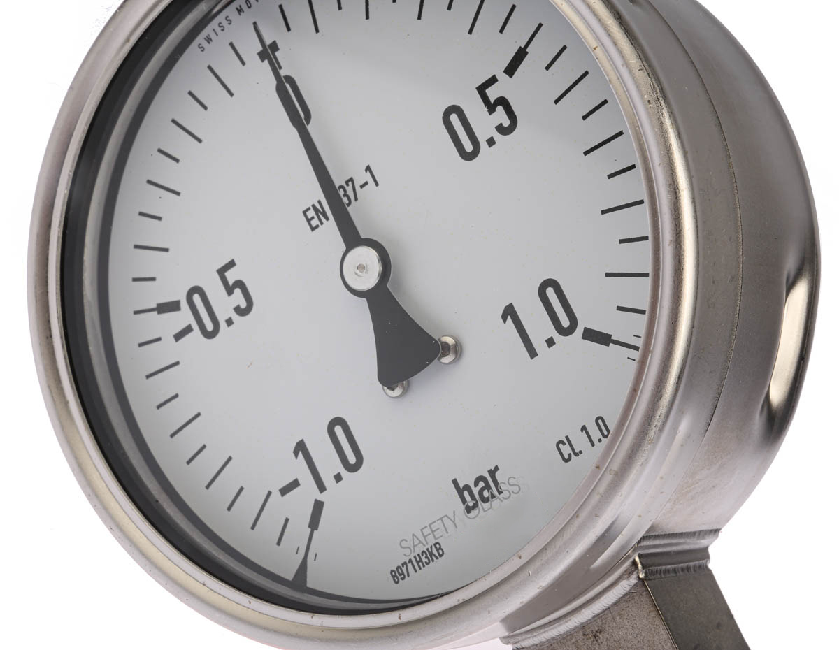RS PRO G 1/2 Analogue Pressure Gauge 1bar Bottom Entry 100mm Outside Diameter, UKAS