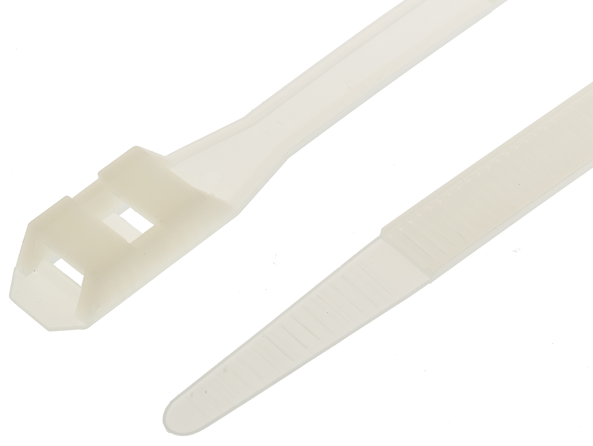 RS PRO Cable Tie, Double Locking, 180mm x 9 mm, Natural Nylon, Pk-100