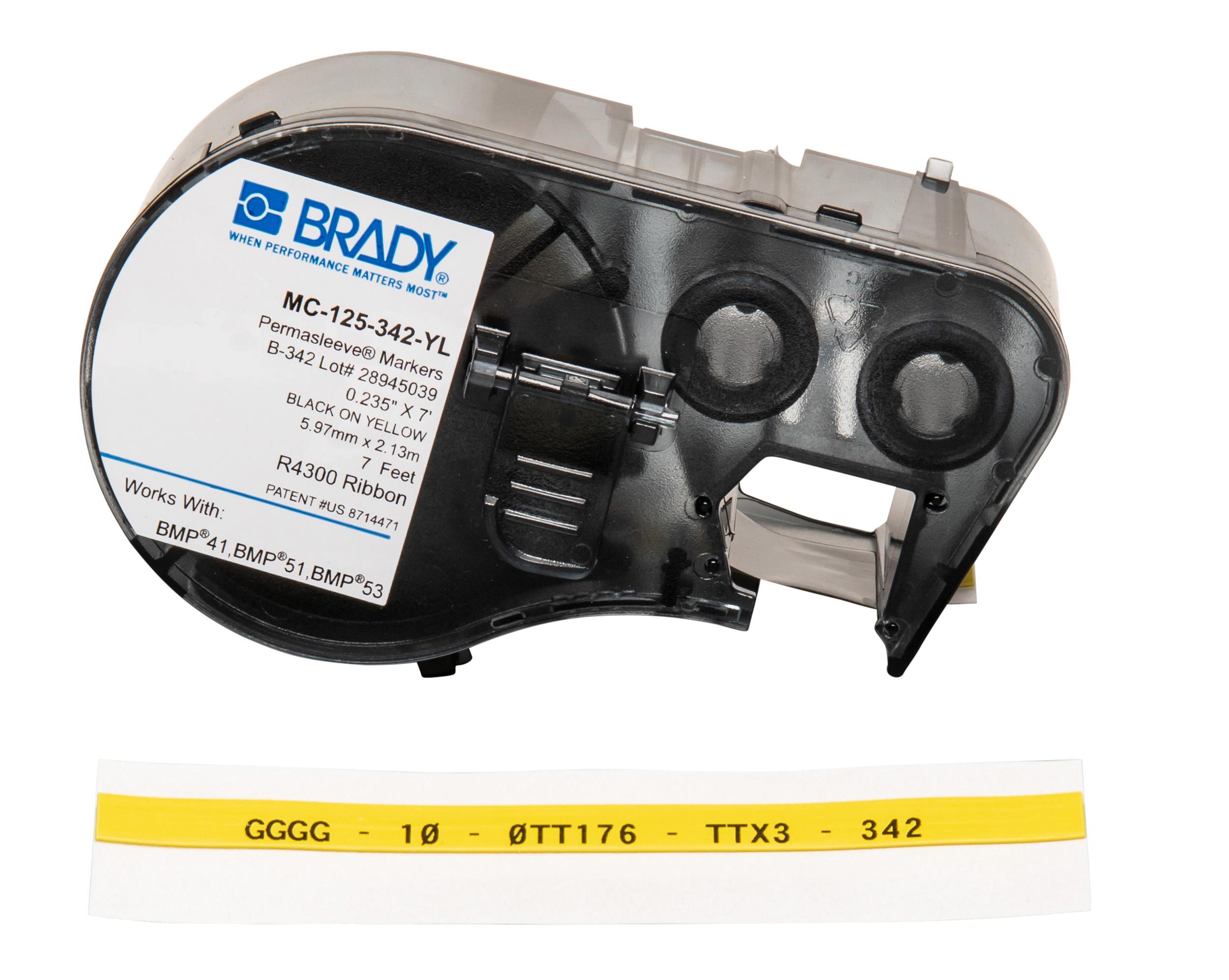 Brady B-342 Black on Black on Yellow Label Printer Tape, 2.13 m Length, 5.97 mm Width