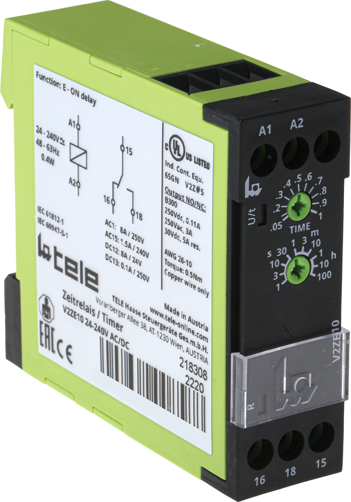 Tele V2ZE10 Series DIN Rail Mount Timer Relay, 24 → 240V ac/dc, 1-Contact, 0.05 → 1s, 1-Function, SPDT