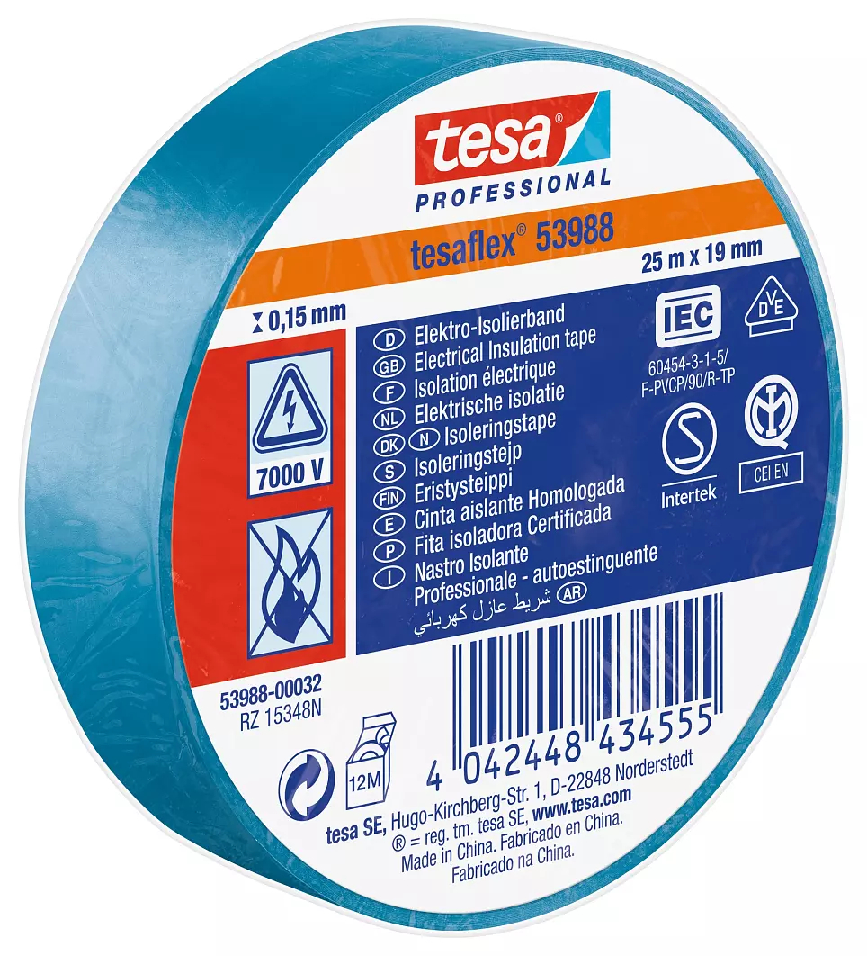 Tesa 53988 Blue Soft PVC Electrical Insulation Tape, 19mm x 25m