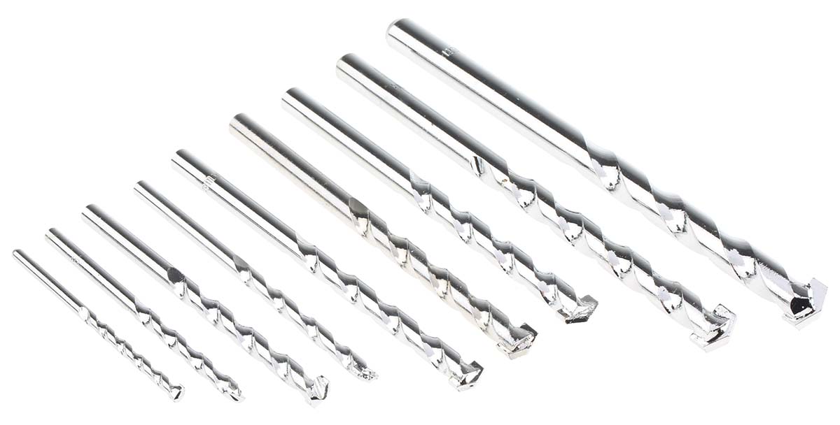 RS PRO 9-Piece Twist Drill Bit Set for Masonry, 12mm Max, 4mm Min, Tungsten Carbide Tipped Bits