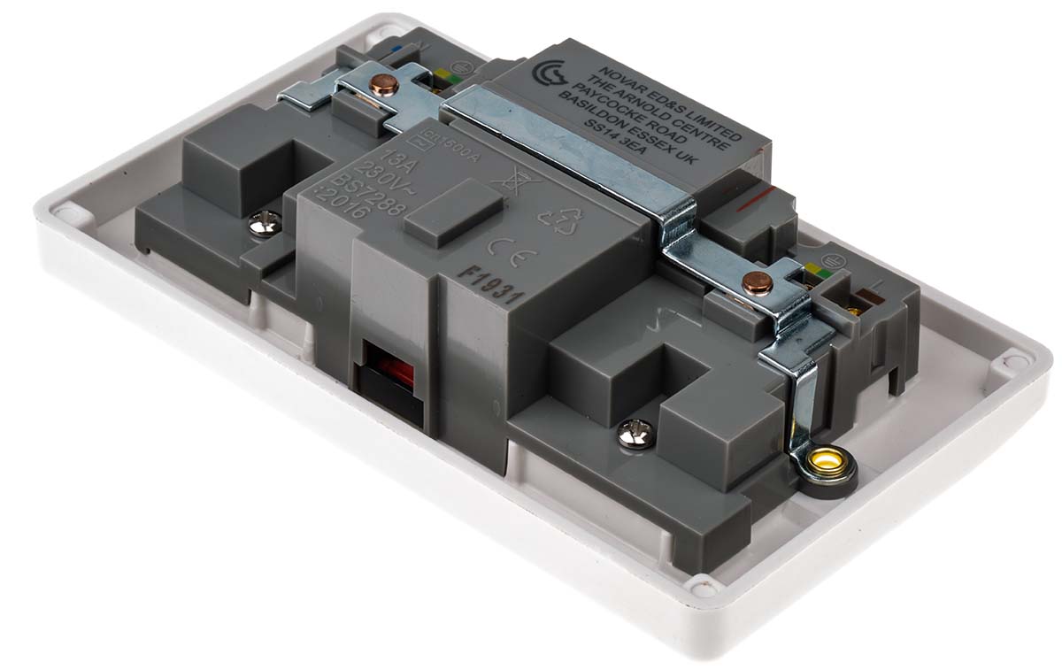 MK Electric Logic Plus 13A, BS Fixing, Active, 2 Gang RCD Socket, Flush Mount , Switched, IP2XD, 240 V ac, White