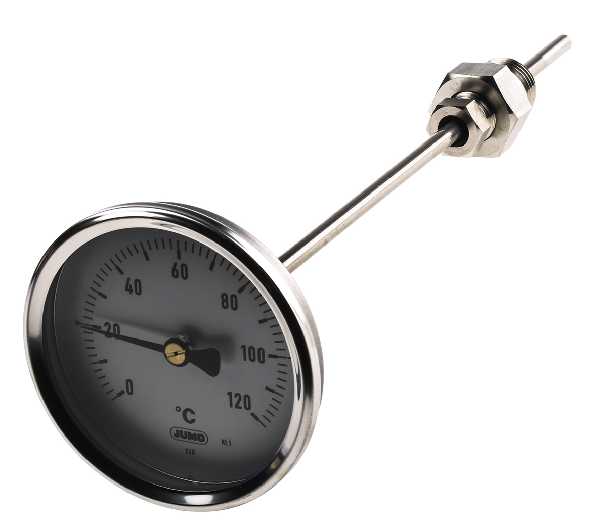 Jumo Immersion Dial Thermometer 0 → +120 °C, 608002/0180-818-847-6-104-26-26-200/000