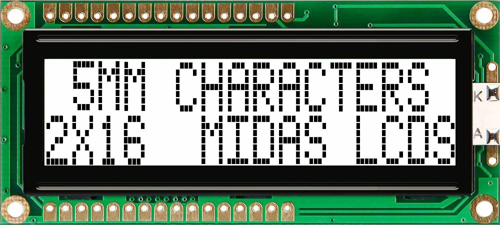 Midas MC21605G6WK-FPTLW-V2 Alphanumeric LCD Alphanumeric Display, 2 Rows by 16 Characters