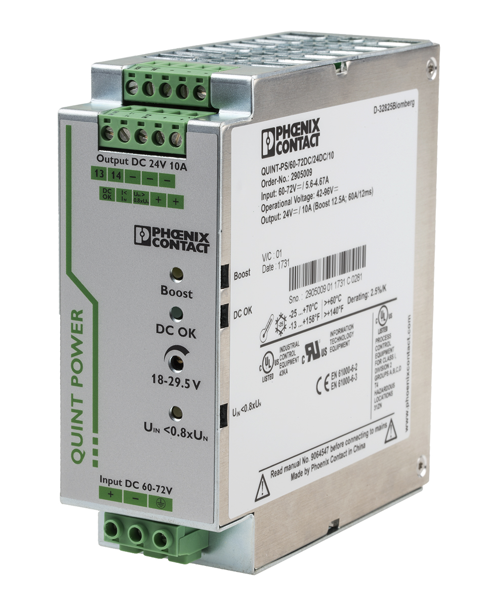 Phoenix Contact QUINT-PS/60-72DC/24DC/10 DC-DC Converter, 24V dc/ 10A Output, 42 → 96 V dc Input, 240W, DIN Rail