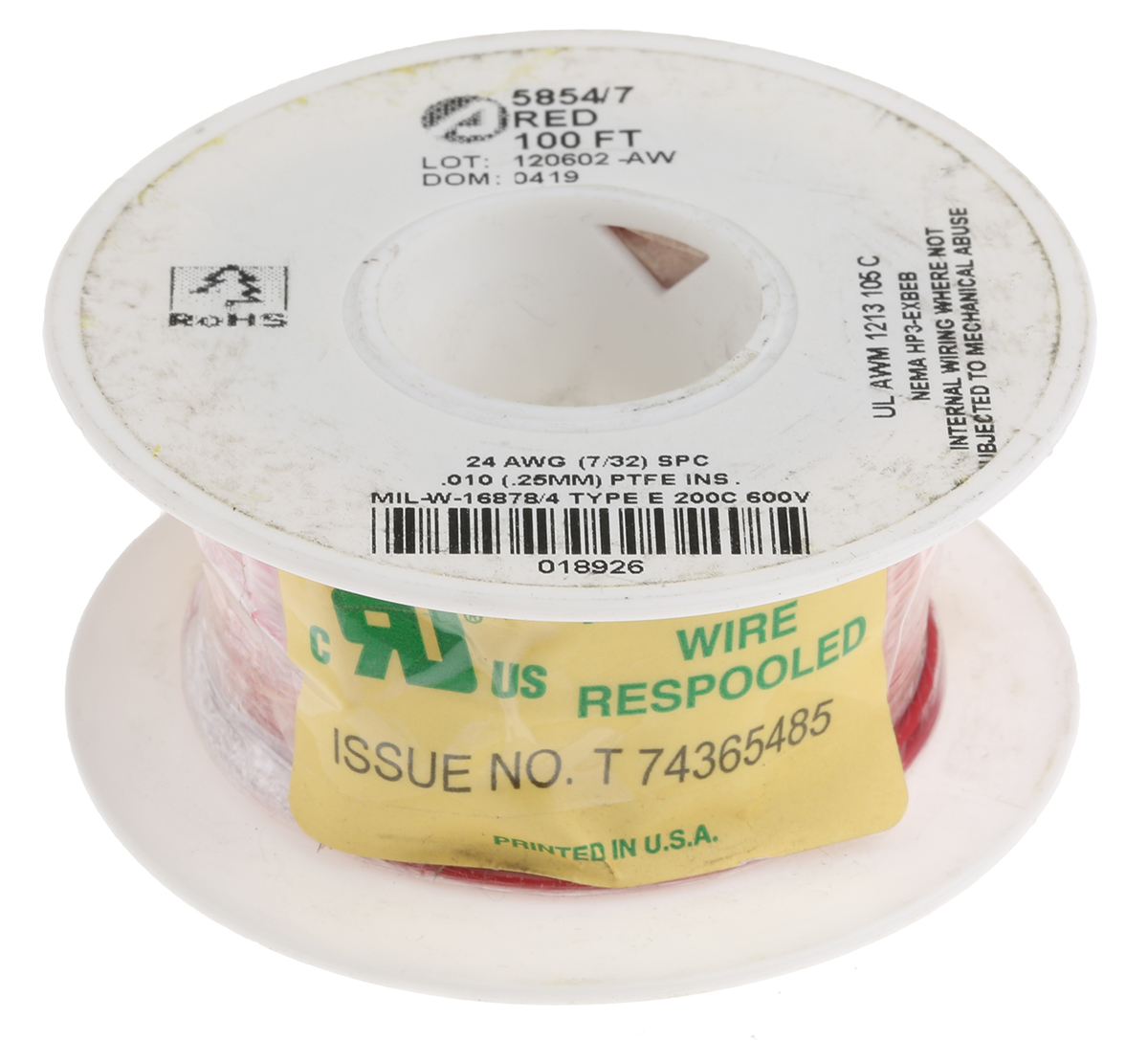 Alpha Wire Hook-up Wire TEFLON Series Red 0.23 mm² Hook Up Wire, 24 AWG, 7/0.20 mm, 30m, PTFE Insulation, 5854/7 RD005