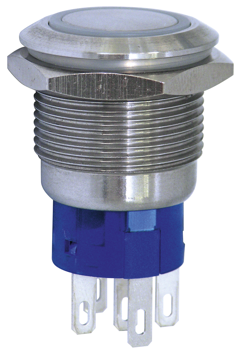 KNITTER-SWITCH Illuminated Push Button Switch, Momentary, Panel Mount, 19.2mm Cutout, DPDT, Blue LED, 28 V dc, 250V ac,