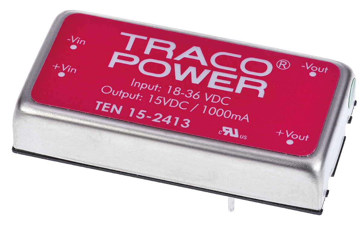 TRACOPOWER TEN 15 DC-DC Converter, 15V dc/ 1A Output, 18 → 36 V dc Input, 15W, Through Hole, +85°C Max Temp