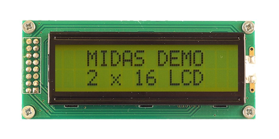 Midas MC21605B6W-SPTLY-V2 Alphanumeric LCD Display, Black on Yellow/Green, 2 Rows by 16 Characters, Transflective