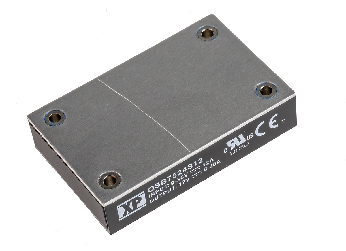 XP Power QSB75 DC-DC Converter, 12V dc/ 6.25A Output, 9 → 36 V dc Input, 75W, PCB Mount, +100°C Max Temp -40°C