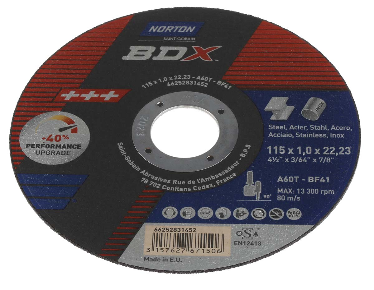 Norton Cutting Disc Aluminium Oxide Cutting Disc, 115mm x 1mm Thick, P60 Grit, 5 in pack