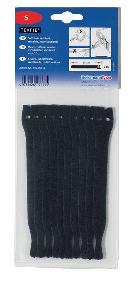 HellermannTyton Cable Tie, Hook and Loop, 150mm x 12.5 mm, Black PA (Loop), PP (Hook), Pk-10