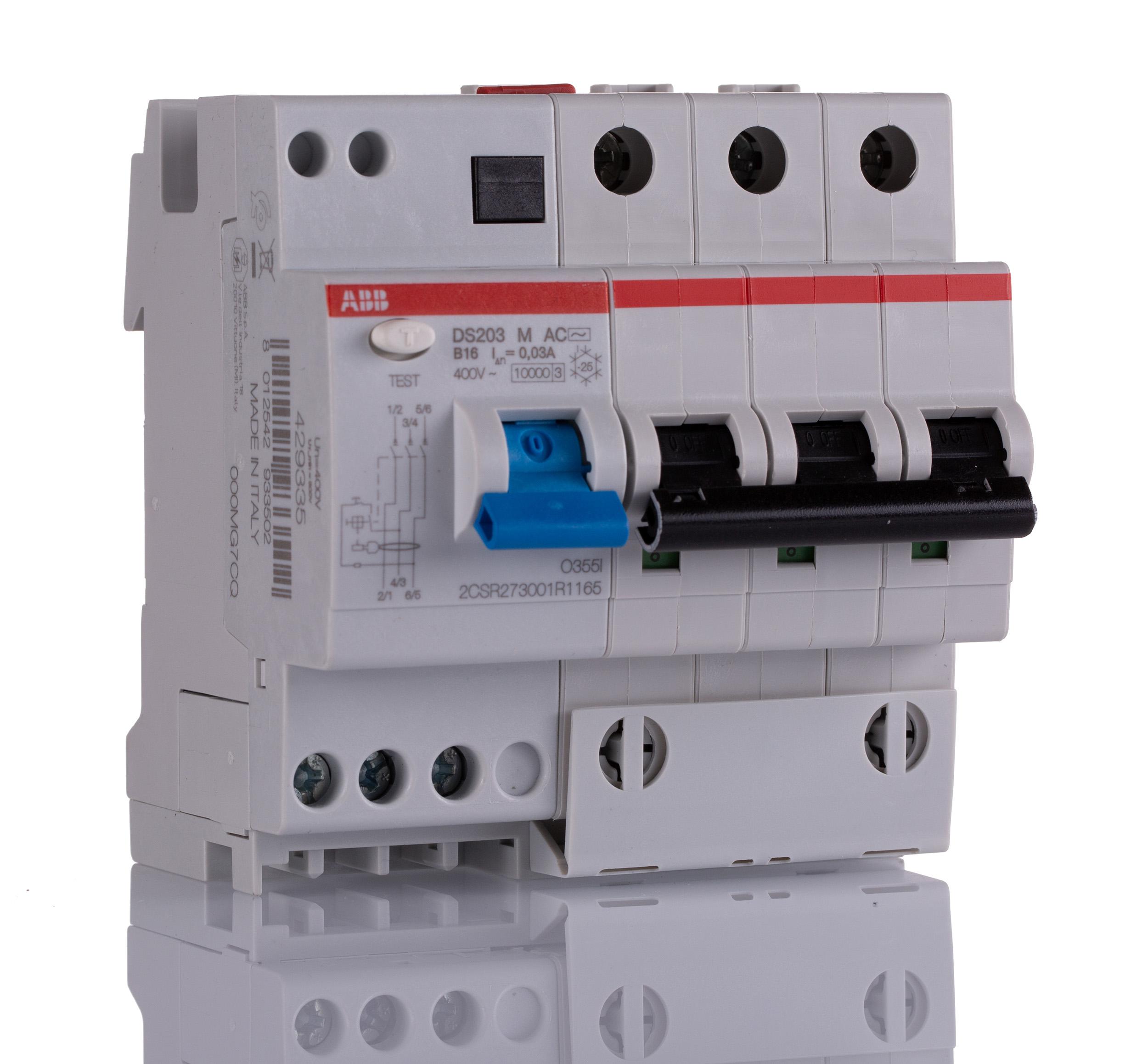 ABB RCBO, 16A Current Rating, 3P Poles, 30mA Trip Sensitivity, Type B, System Pro M Compact Range
