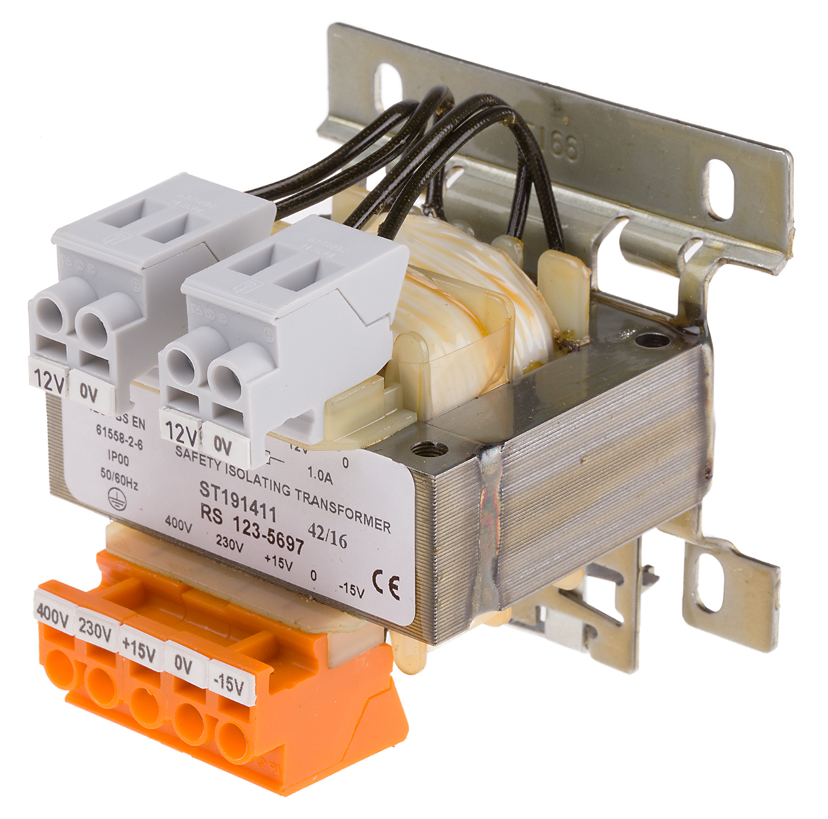 RS PRO 25VA DIN Rail Transformer, IEC 61558-2-6, 230 → 400V ac Primary, 2 x 12V ac Secondary