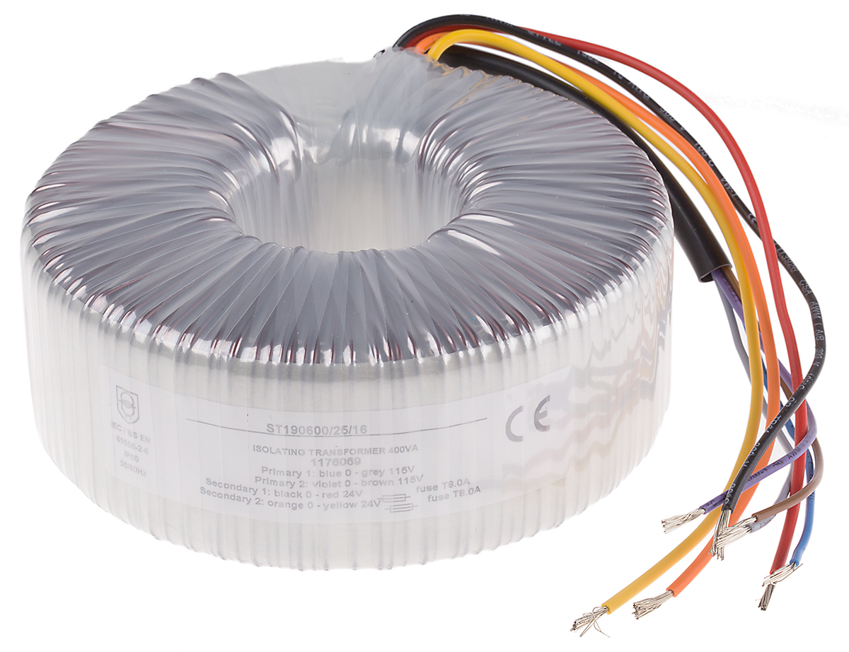 RS PRO 2 x 115V ac, 2 x 24V ac Toroidal Transformer, 400VA 2 Output, IEC 61558-2-6