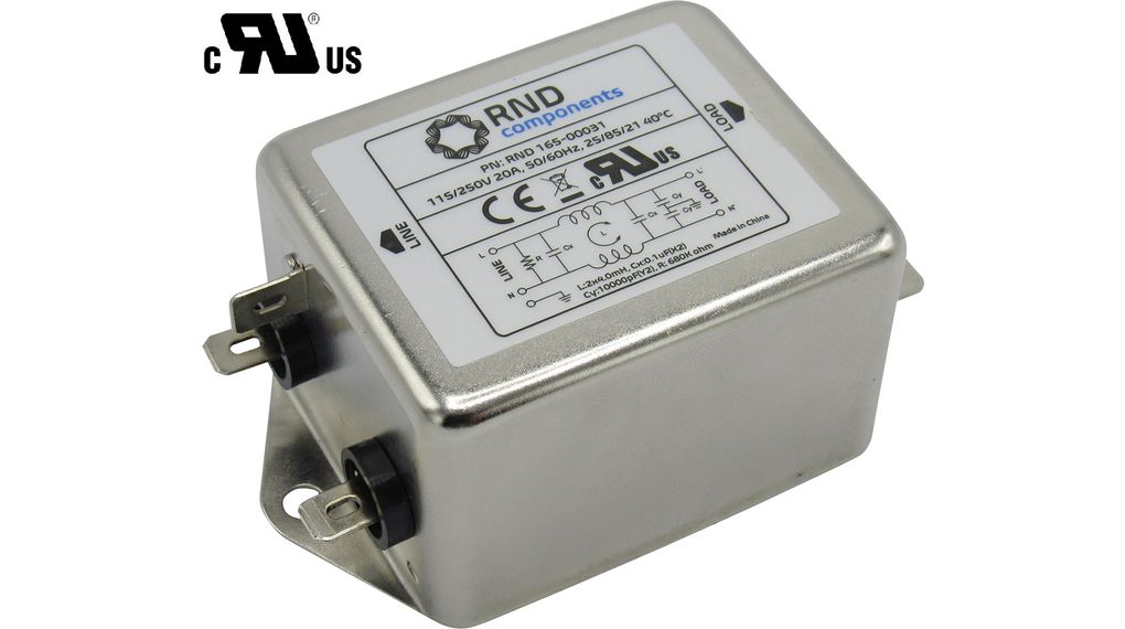 RND, RND 165 20A 250 V 50Hz, Chassis Mount EMI Filter, Quick Connect, Single Phase