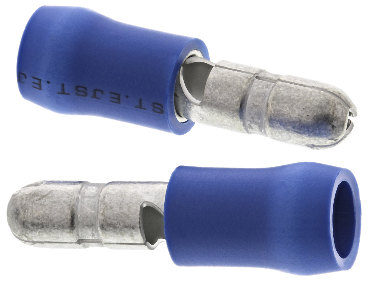 JST, FVDGM Insulated, Blue Crimp Bullet Connector, 1mm² to 2.6mm², 16AWG to 14AWG, 4mm Bullet diameter Male