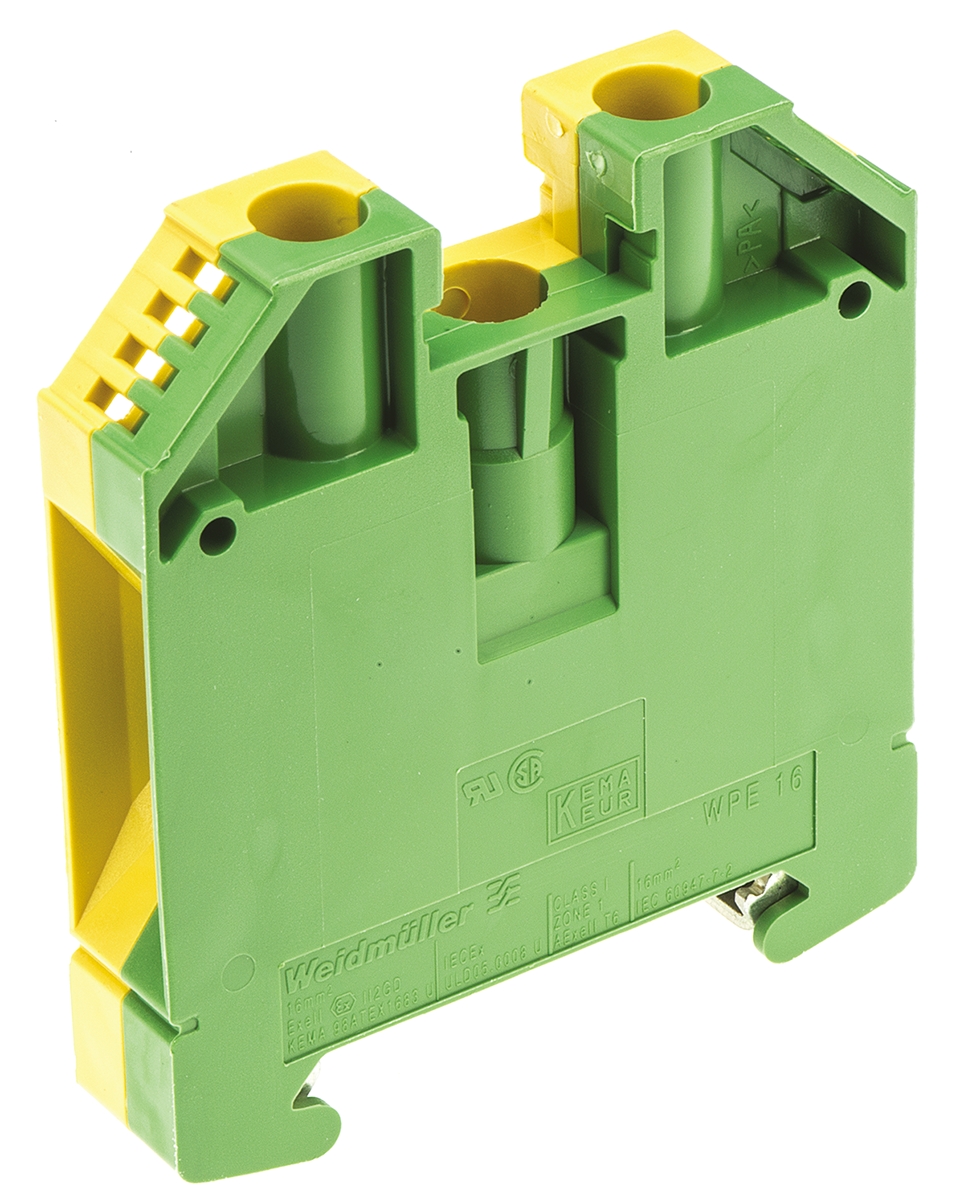 Weidmuller 2-Way WPE 16 Earth Terminal Block, 16mm², 14 → 6 AWG Wire, Screw Down, Wemid Housing, ATEX