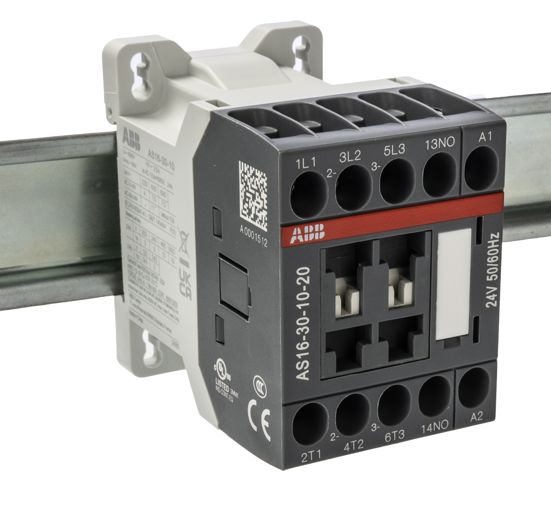 ABB AS16-30-10-20 AS Contactor, 24 V Coil, 3-Pole, 16 A, 7.5 kW, 3NO, 690 V ac