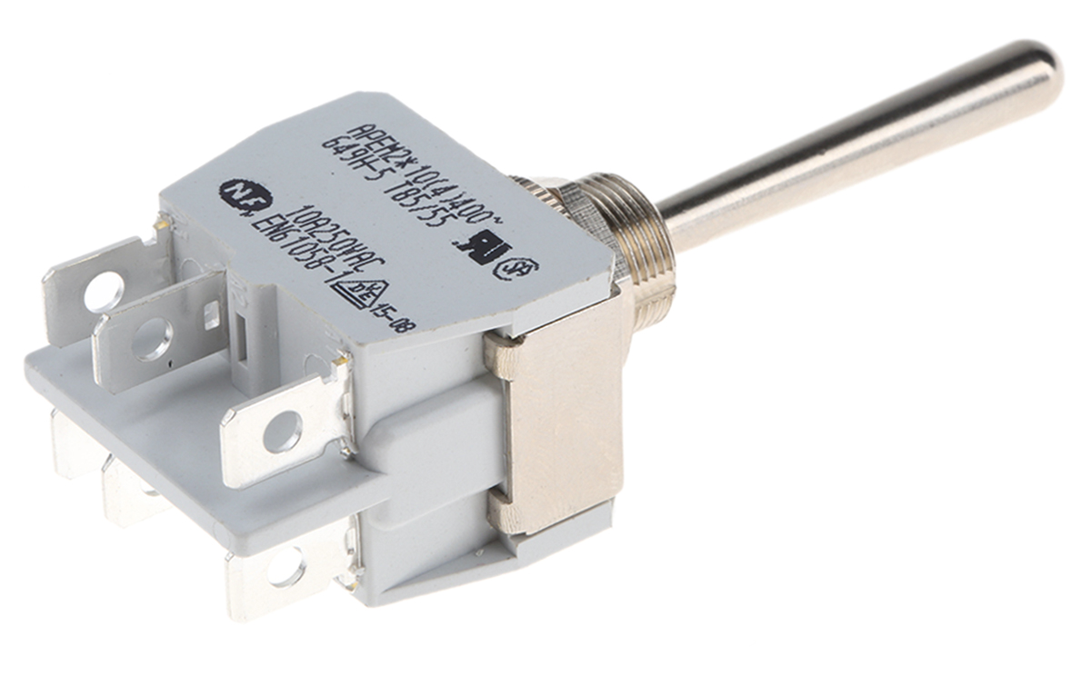 APEM Toggle Switch, Panel Mount, On-Off-On, DPDT, Solder Terminal