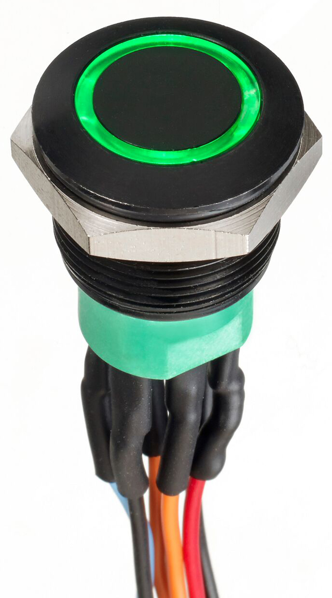 APEM Illuminated Push Button Switch, Momentary, Panel Mount, 19.2mm Cutout, DPDT, Green LED, 30V dc, IP67