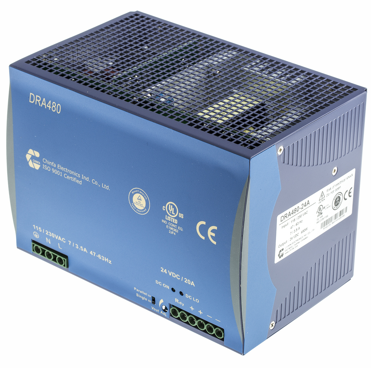 Chinfa DRA480 Switched Mode DIN Rail Power Supply, 90 → 264V ac ac Input, 24V dc dc Output, 20A Output, 480W