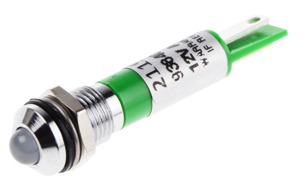 RS PRO Green Panel Mount Indicator, 12V, 8mm Mounting Hole Size, Solder Tab Termination, IP67