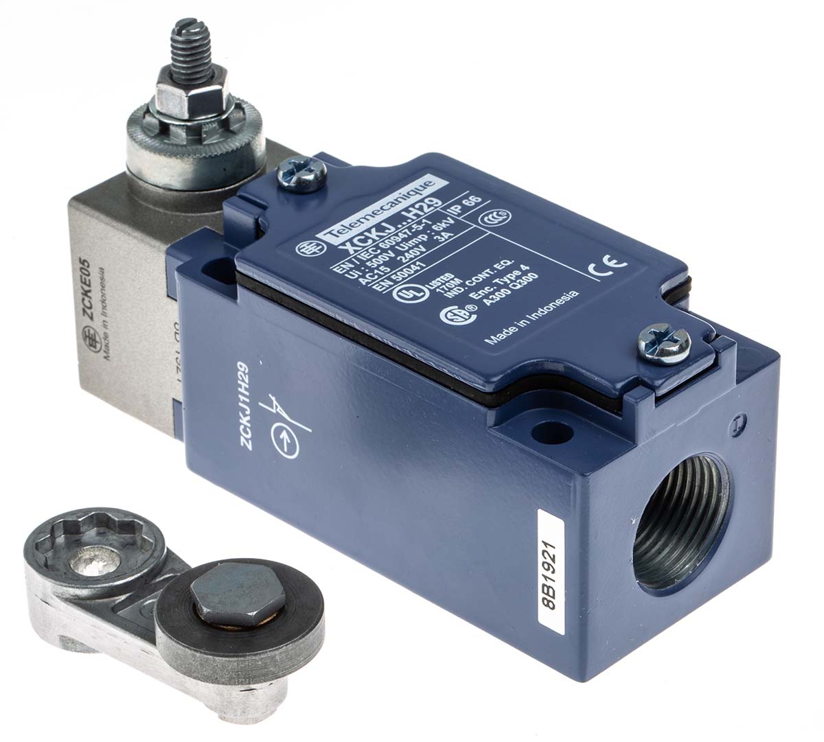 Telemecanique Sensors XCKJ Series Roller Lever Limit Switch, NO/NC, IP66, SPDT, Zinc Alloy Housing, 240V ac Max, 10A Max