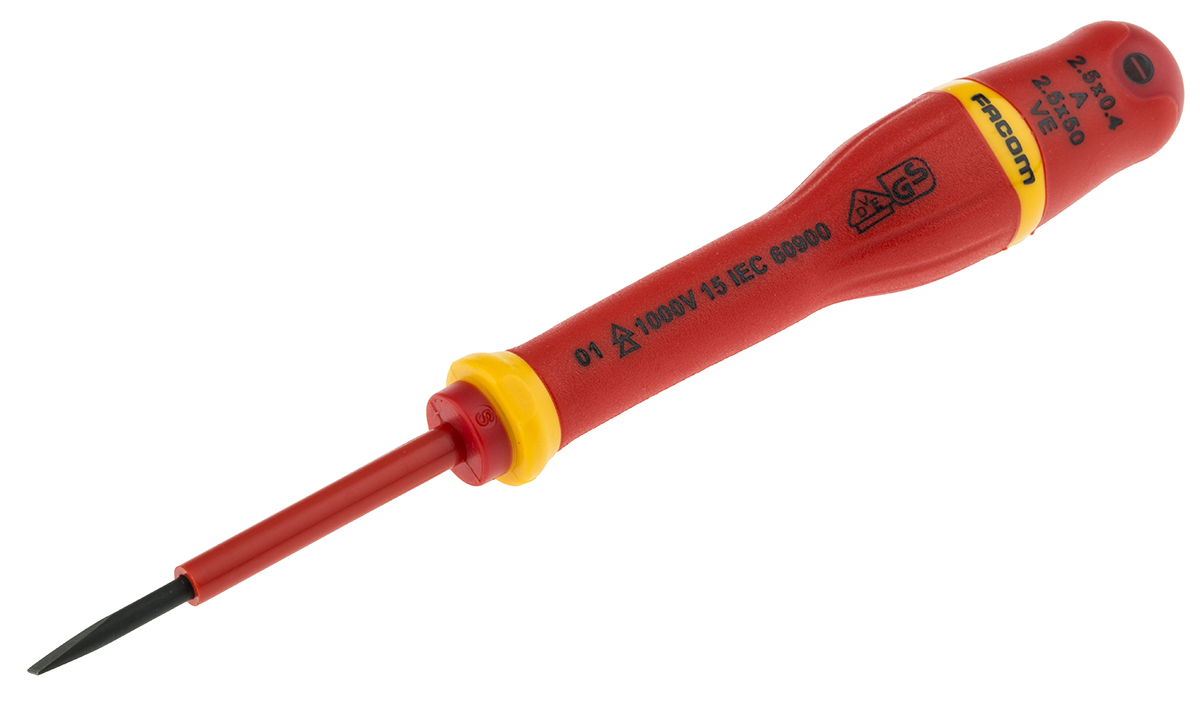 Facom Slotted Insulated Screwdriver, 2.5 x 0.4 mm Tip, 50 mm Blade, VDE/1000V, 153 mm Overall