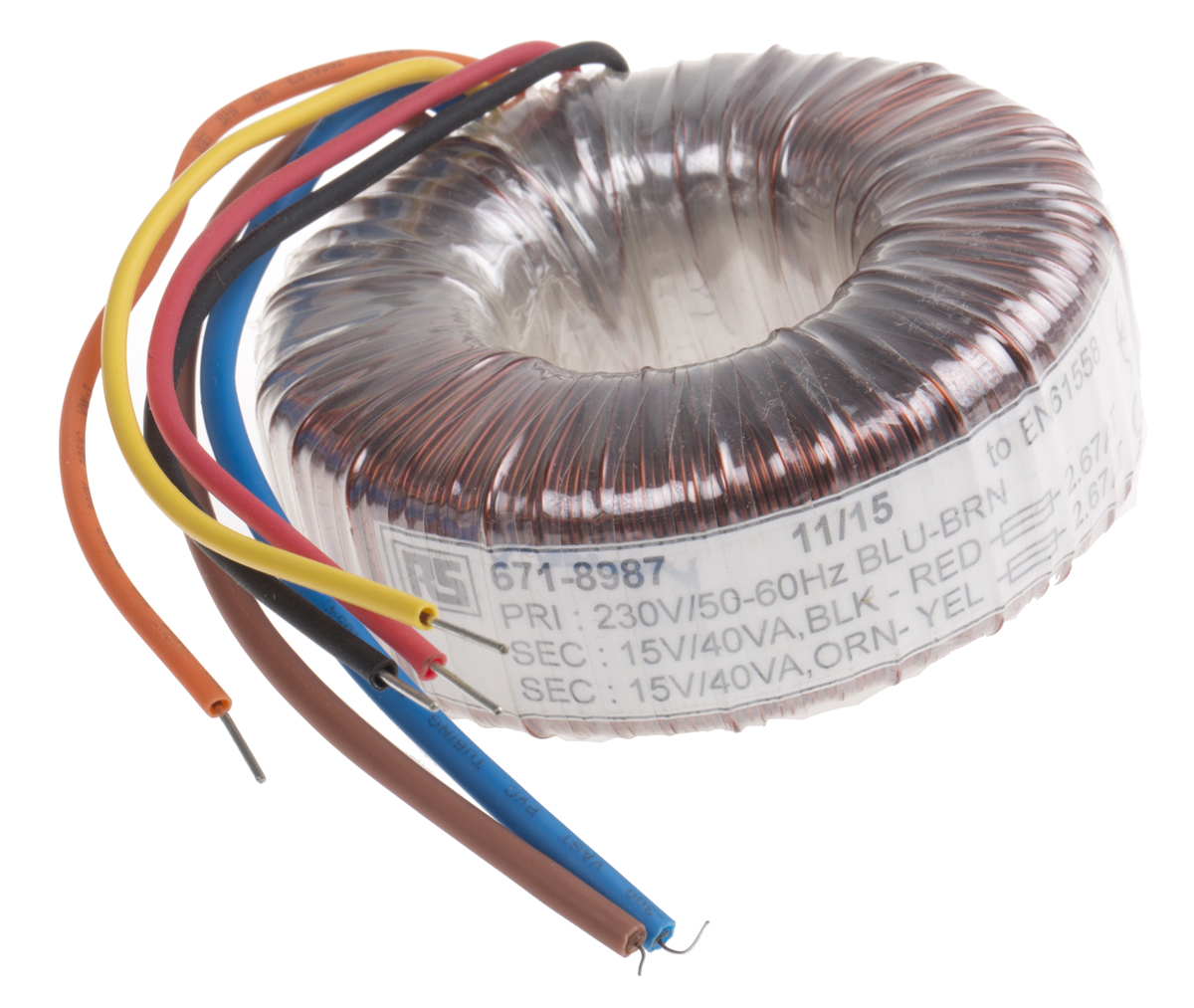 RS PRO 230V ac, 2 x 15V ac Toroidal Transformer, 80VA 2 Output