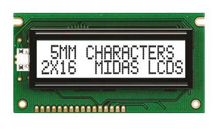 Midas MC21605A6W-FPTLW-V2 A Alphanumeric LCD Display White, 2 Rows by 16 Characters, Transflective