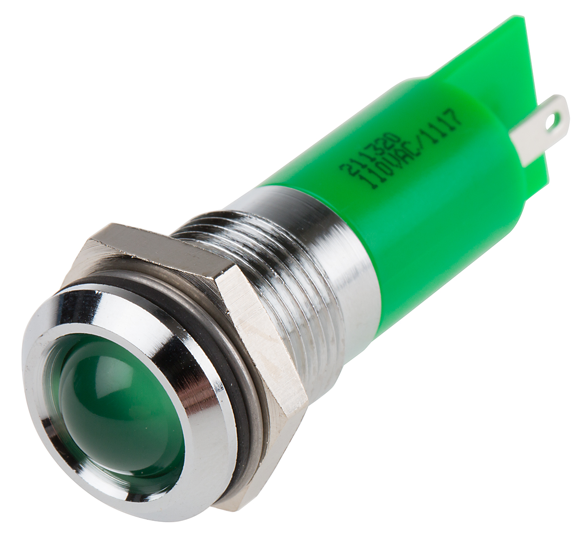 RS PRO Green Panel Mount Indicator, 110V ac, 14.5mm Mounting Hole Size, Solder Tab Termination, IP40