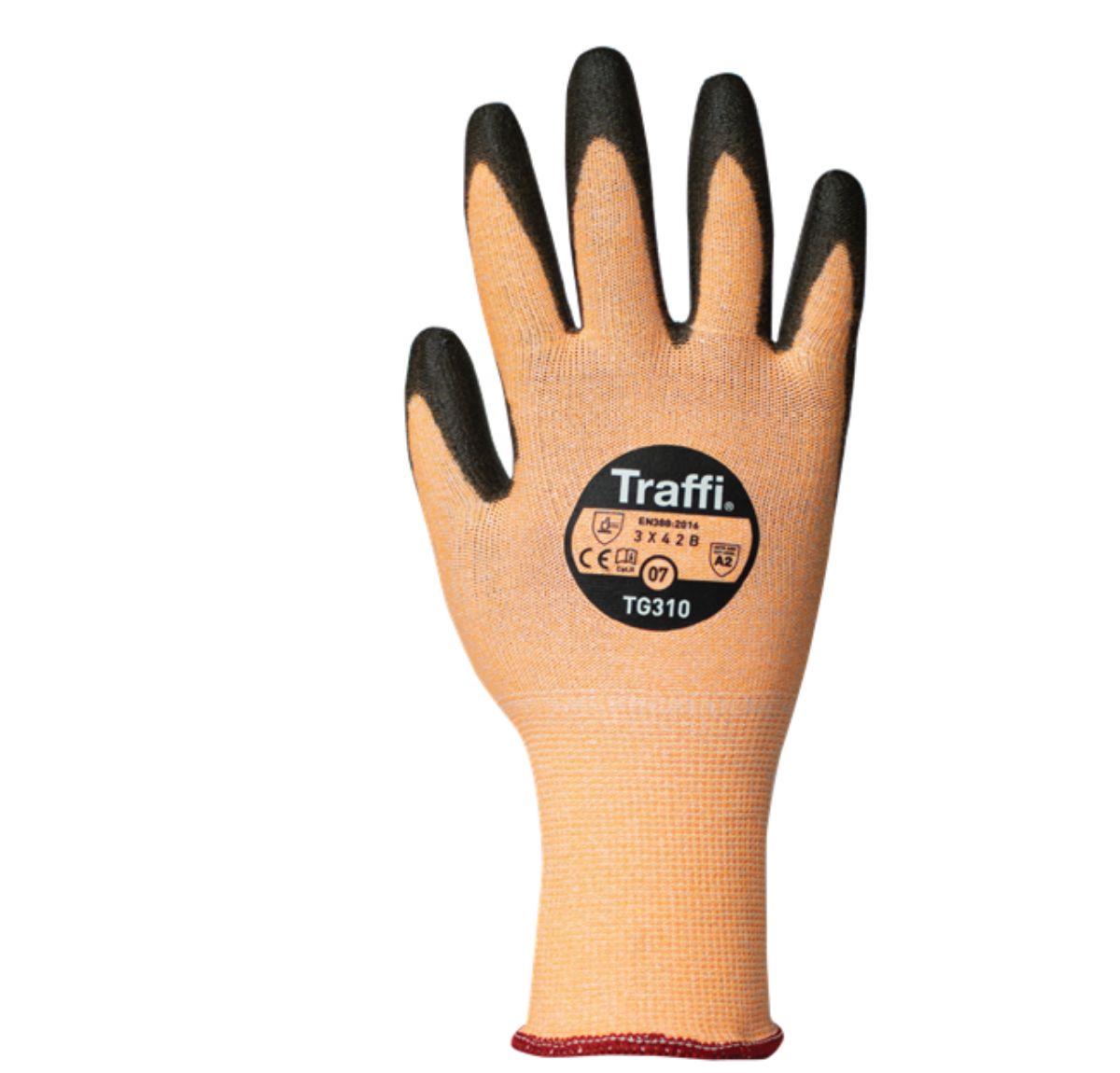 Traffi Orange Elastane, HPPE, Nylon Cut Resistant Gloves, Size 7, Polyurethane Coating