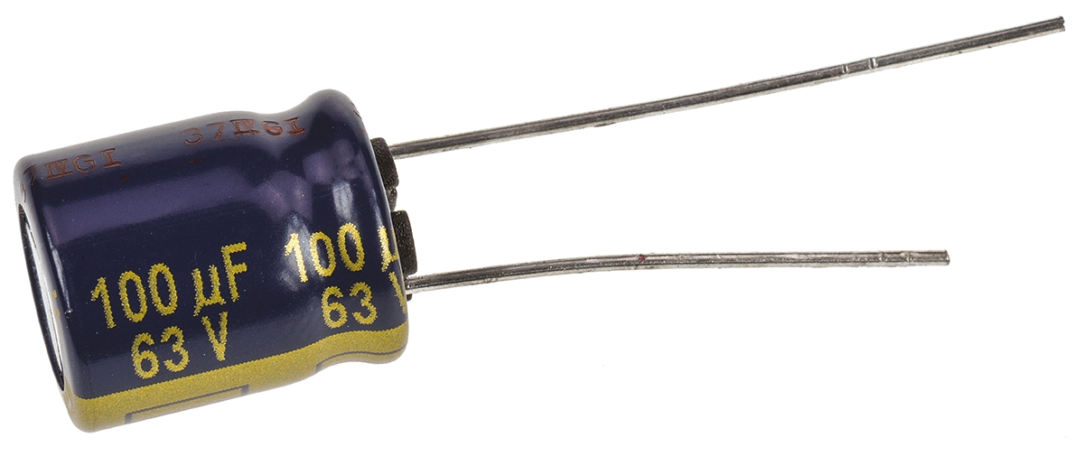 Panasonic 100μF Aluminium Electrolytic Capacitor 63V dc, Radial, Through Hole - EEUFC1J101B