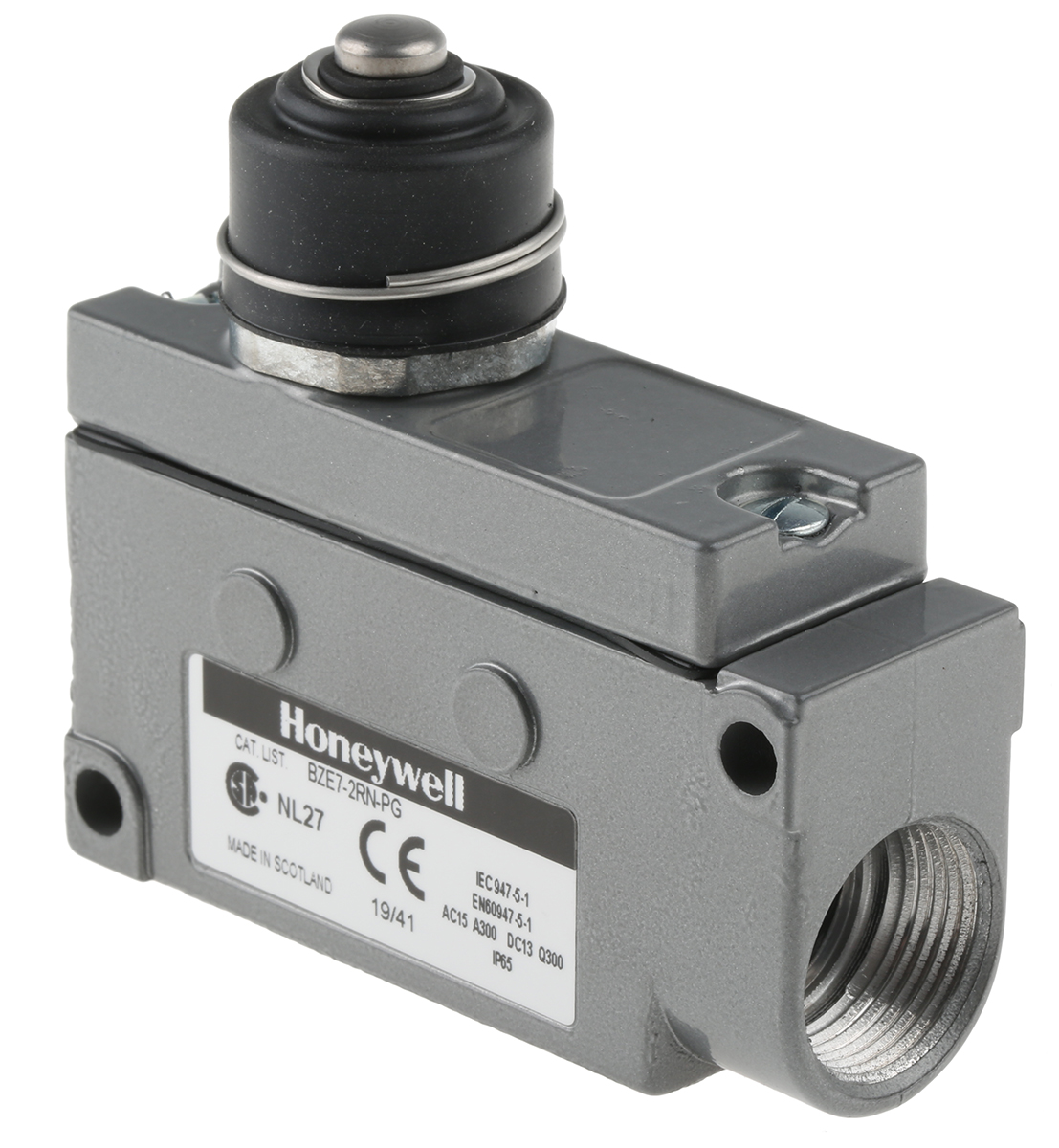 Honeywell BZE7 Series Plunger Limit Switch, NO/NC, IP65, SPDT, Die Cast Aluminium Housing, 480V ac Max, 15A Max