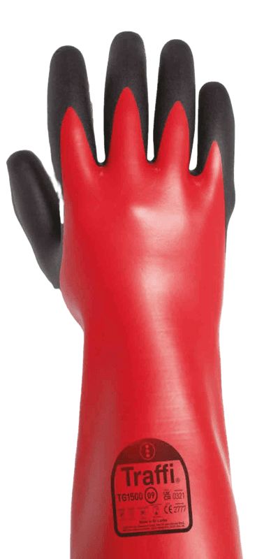 Traffi Red Cotton Waterproof Gloves, Size 9, NBR Coating